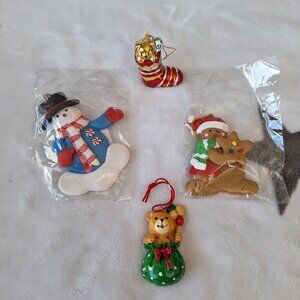 Lot of 4‎ Ornaments - 2 New In Package - 2 Used Bear Ornaments Stocking, Giftbag